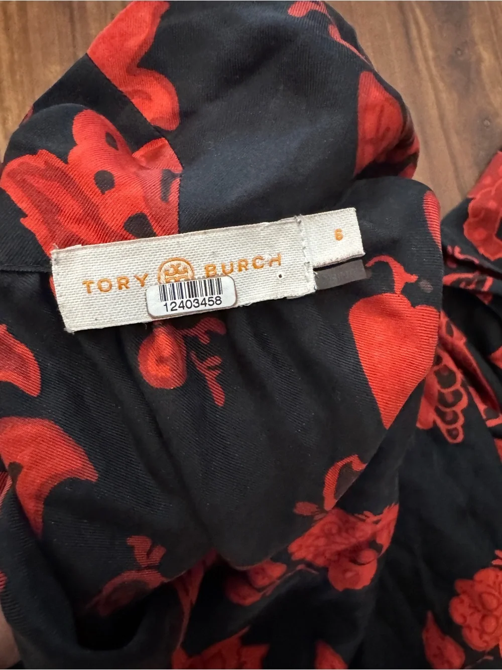 Tory Burch Black Blouse with Red Floral Tie-Neck